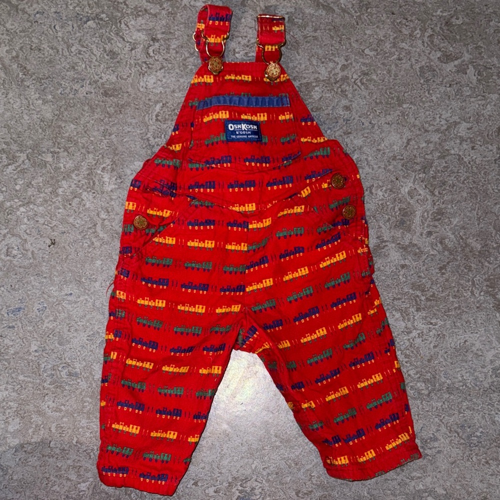 Vintage OshKosh B'gosh Red Overalls with Train Pattern